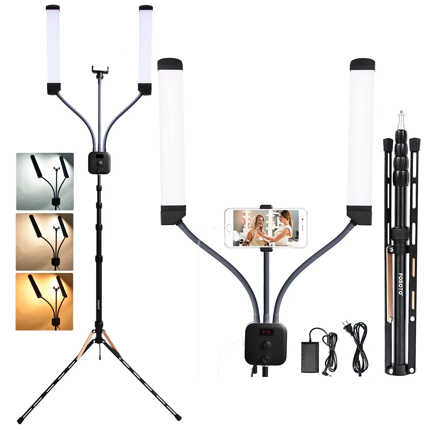 fosoto Led Video Light Double Arms Photographic Lighting 3000-6000K Ring Lamp With Tripod Stand For Phone Camera Makeup Youtube