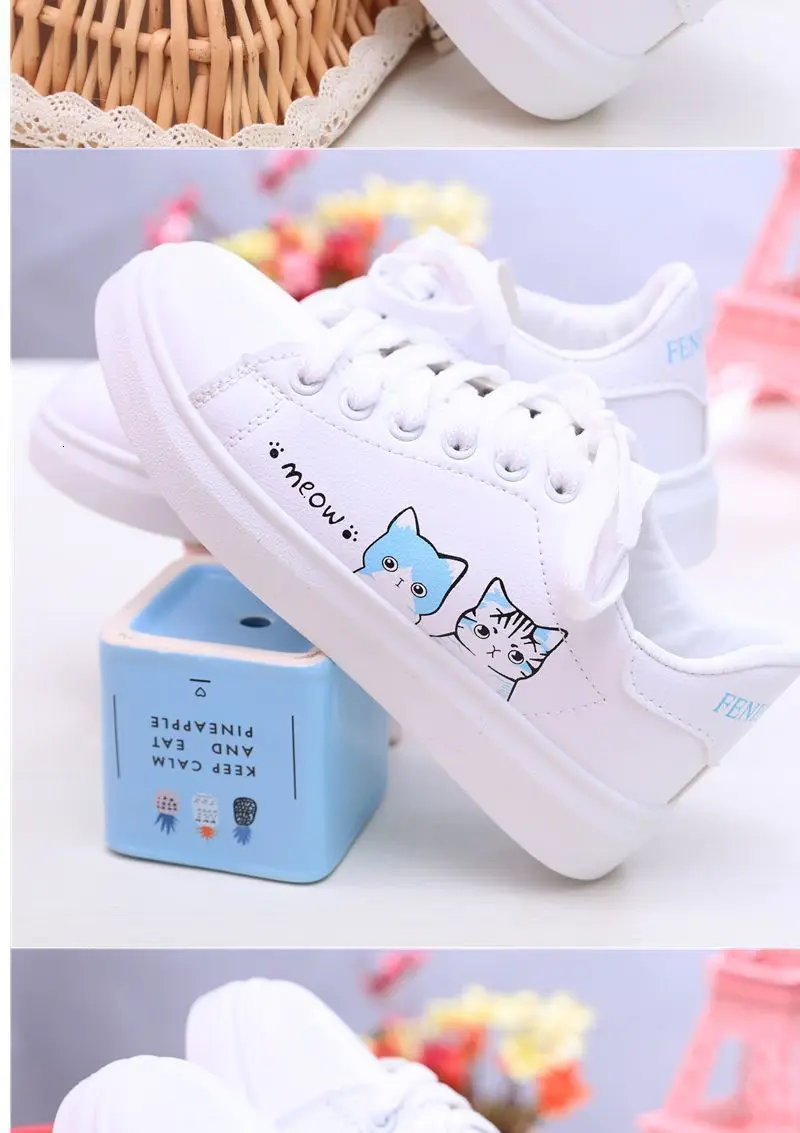 Autumn Girl Student Pupil Single Shoe Ventilation Skate Children Shoes White Girl Sneakers Cute Cat Embroidery Kids Casual Shoes