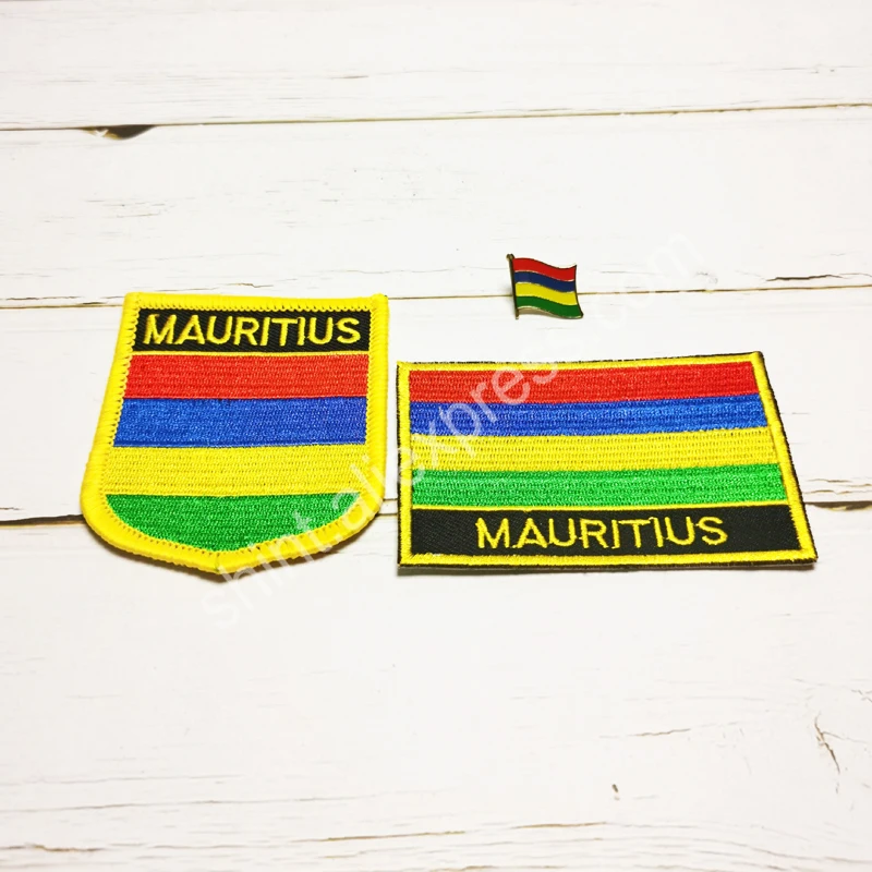 Маврикийский национальный флаг с вышивкой нашивки значки Shield и квадратной формы Pin один набор на тканевой нарукавнике