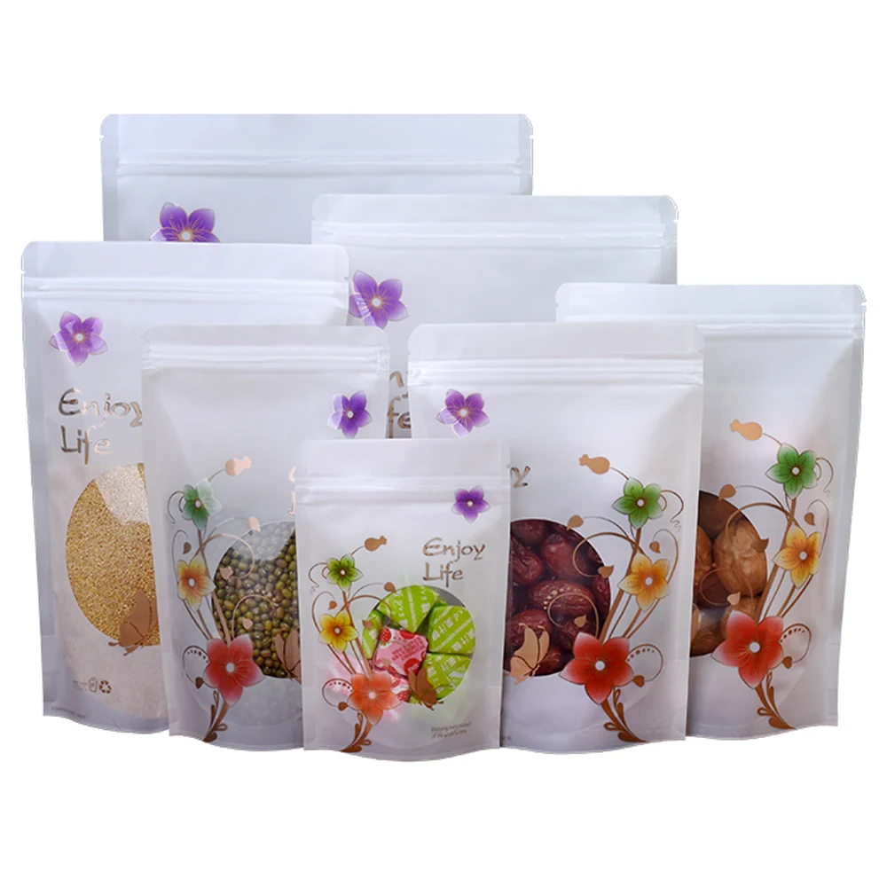 

100Pcs White Plastic Zip Lock Stand Up Bag with Clear Window Flower Printed Resealable Reclosable Tear Notch Food Storage Pack
