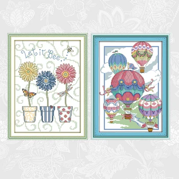 

Hot Air Balloon and Three Potted Flowers Patterns Counted Printed on Canvas Cross Stitch kits Handwork Needlework Embroidery