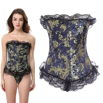 

Wash gold Women Mesh Grid Lingerie Basque Corselet Bustier Floral Lace Overlay Corset Overbust Plus Size S-6XL