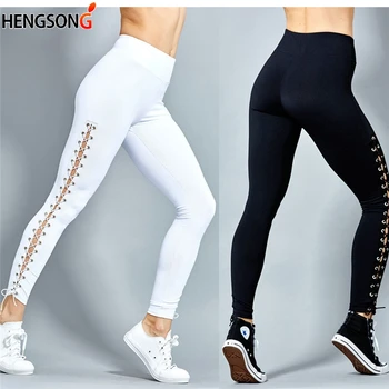 

Split Hollow Out Lace-up Stretch Pant Trouser High Waist Fitness Leggings Bodycon Solid Black White Pants Leggings Women Clothes