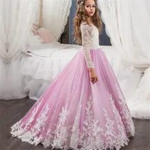 Модные платья с цветочным узором для девочек; кружевное платье с длинными рукавами и аппликацией для свадьбы; детское бальное платье принцессы; вечерние платья для первого причастия