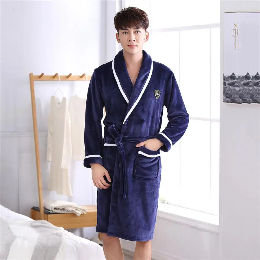 Изысканный фланелевый мужской Халат-кимоно, элегантная однотонная одежда для сна до колен, банное платье, Повседневная Мягкая ночная рубашка, домашняя одежда - Цвет: Navy Blue4