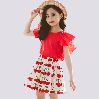 

Children Summer Clothes Tshirt + Skirt Children's Clothes For Girls Cherry Pattern Girls Clothes Teenage Childrens Clothing