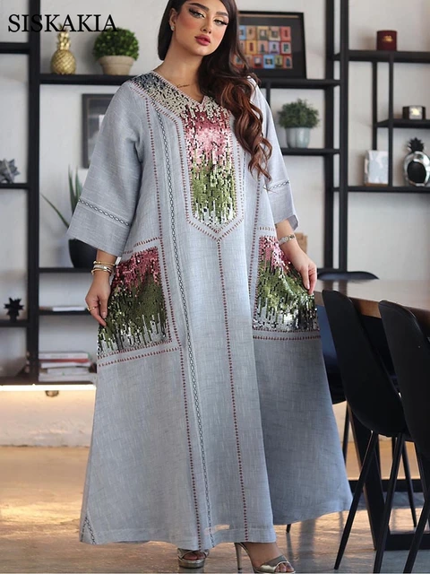 Siskakia Sequins Embroidery Abaya Dress For Women Ramadan Eid 2021 Muslim Arabic Oman Turkey Dubai Moroccan Jalabiya White Grey 3