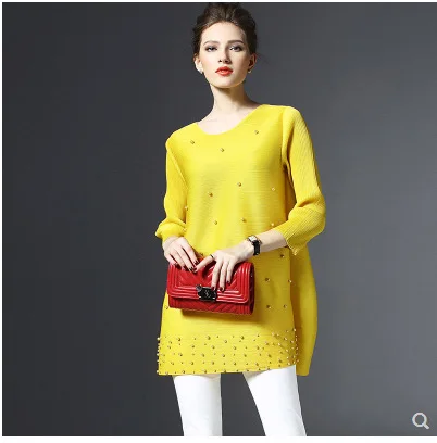 Issey Miyake,, весенняя одежда, короткая юбка, простая, плиссированная, рукав три четверти, свободная, плюс размер, одноцветная, с бусинами