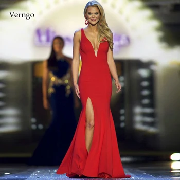 

Verngo Evening Dresses Long Formal Dress With Slit V neck Sexy Dress Party Mermaid Evening Dress Red Vestidos Elegantes