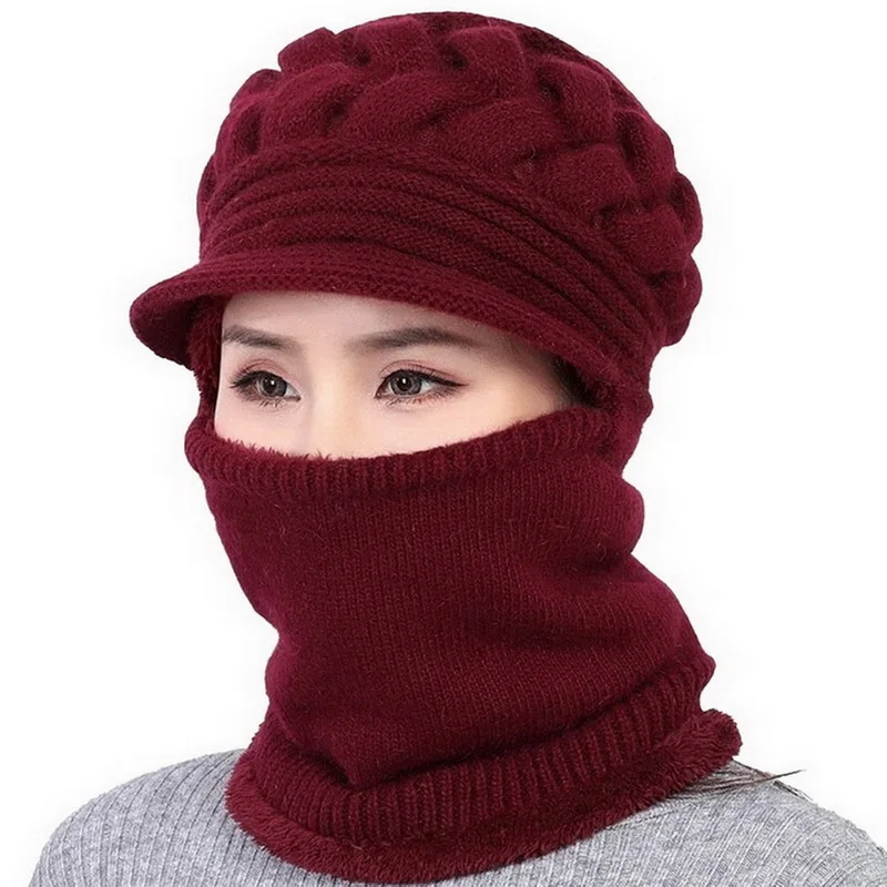 

2020 Female Neck Warmer autumn winter Beanies Hats Mask Women Winter Hat Knitted Hats Scarf Set Beanie Ski Caps Woman