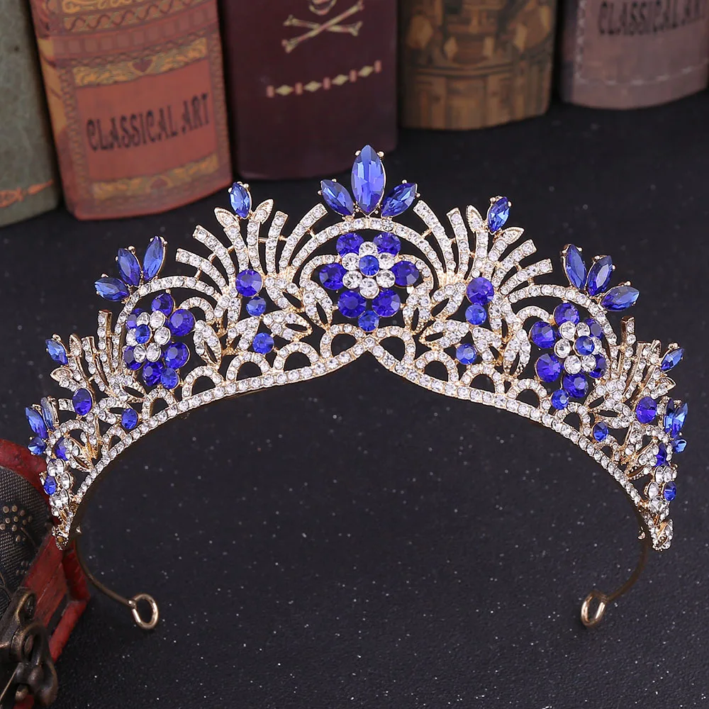 KMVEXO свадебная корона королевские свадебные тиары невесты кристалл Корона Свадебный ободок аксессуары свадебная диадема украшения для волос - Окраска металла: Gold Blue