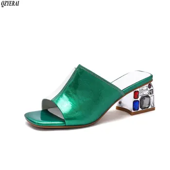 

Genuine leather Slippers women European brand crystal heels two-tone sandals genuine cowhide women's shoes size 34-42