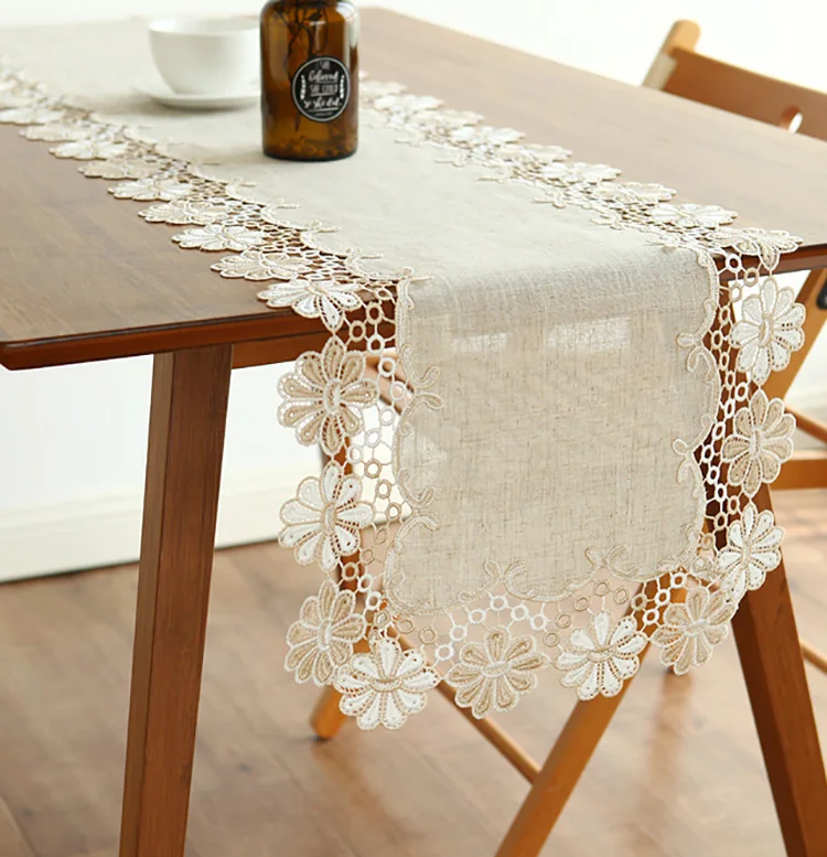 table runner Idyllic linen lace wedding table runners track on the table