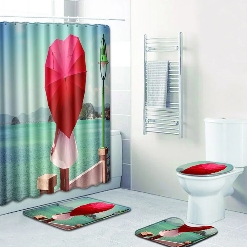 

Modern Heart Shape Print Polyester Shower Curtain Bathroom Waterproof Hooks Pedestal Rug Lid Toilet Cover Bath Mat Home Decor