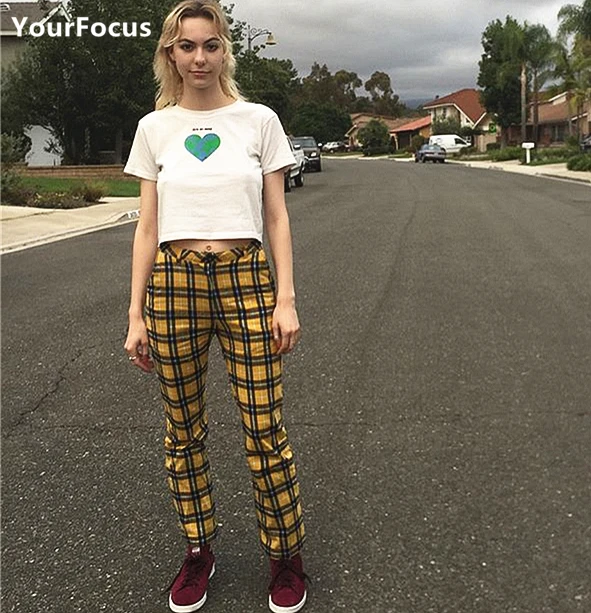 

harajuku vintage old school yellow plaid checkerboard flare pants women high waist ankle-length pants pantalon femme