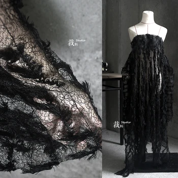 

Black Irregular Shape Lace Fabric Graceful Thin and Light Soft Tulle Mesh Fabric Fieltro Para Manualidades Retro Style EC50ML