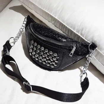 

Leather Women Waist Bag Multi-Functional Chest Bag Adjustable Stripe Shoulder Slant Outdoor Sports Zipper Shinny Diamonds