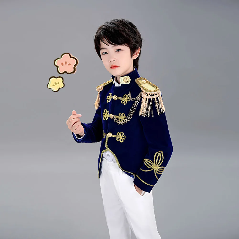 

Children's Blue Navy Style Boys Girls Stage Performance Costumes Kids Catwalk Drum Band Flag Raising Army Royal Formal Clothing