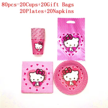 

80pcs/50Pcs New Cartoon Hello Kitty Theme Kid Girl Birthday Paper Cups+Plates+Napkin+Giftbag Wedding Family Party Supplies