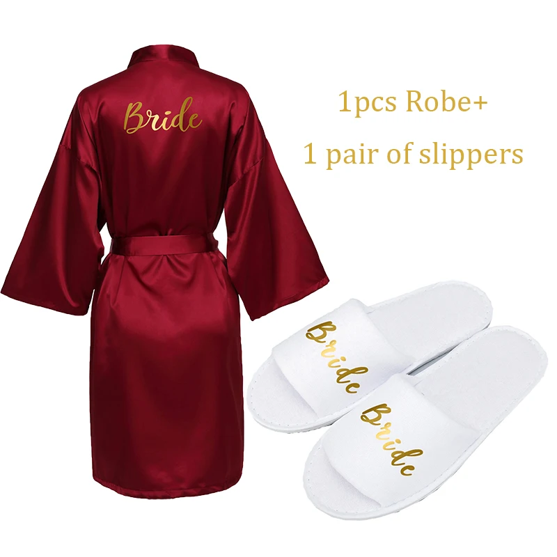 

Owiter 2019 Burgundy Gown Satin Silk Robe & Slippers Wedding Bath Robe Bride Bridesmaid Dressing Women Kimono Robes Party Gifts