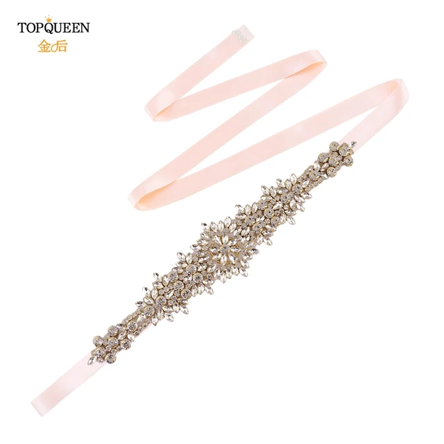 TOPQUEEN S319-G Plus Size Bridal Gowns Belts Golden Belts for Women Rhinestones Belt Girlfriend Luxury Ribbon Belt Wedding Sash Baby Pink ribbon