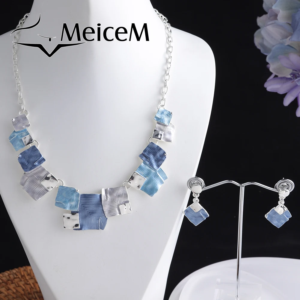 MeiceM 2021 New Popularity Vintage Enamel Necklace Set Bohemian Necklaces Women Geometric Pendant Choker Lady Fashion Women's |