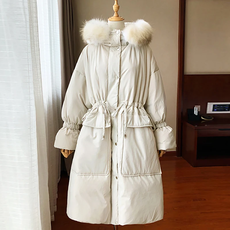 Длинный женский пуховик, пальто из натурального меха, с капюшоном, толстый теплый пояс, черный, корейский, 90%, белый, утиный пух, зимний женский пуховик - Цвет: 1-Real Fur Collar