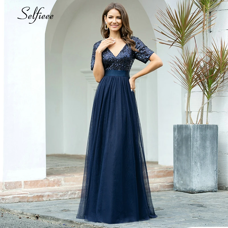 

Elegant Navy Blue Maxi Dress A-Line Double V-Neck Sequined Short Sleeve Tulle Summer Dress Women Sparkle Party Dress Vestidos