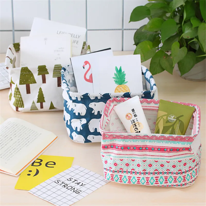 

ZKA Cotton Linen Fabric Desk Organizer Cartoon Printed Cosmetic Debris Storage Basket with Handle Debris Organizing