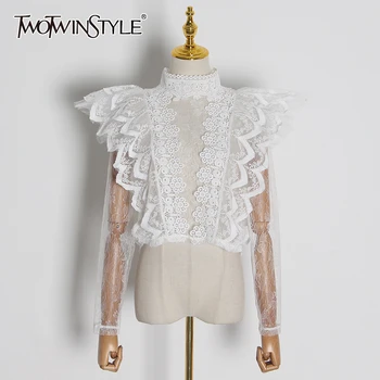 

TWOTWINSTYLE Casual Lace Women's Blouses Turtleneck Long Sleeve Ruffles Perspective Mesh Shirt Female Fashion Clothing 2020 Tide