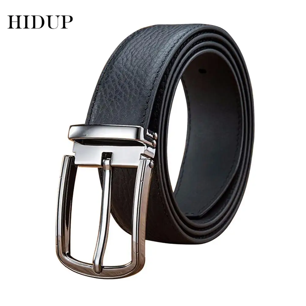 

HIDUP Top Quality Design Pin Buckle Metal Fashion Style Belts Men Striped Line Cow Genuine Leather Belt 3.3cm Width Jeans NWJ741