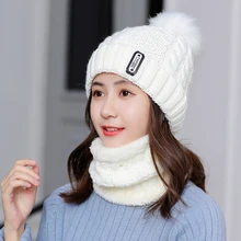 Отделкой кроличьей шерстью, вязаная зимняя шапка, шарф набор Для женщин толстые шерстяные шапочки шарф женский теплый вязаный женский свитер аксессуары подарок для девочек