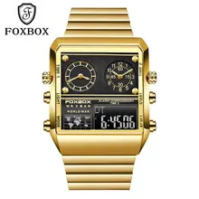 LIGE FOXBOX cyfrowy zegarek mężczyźni luksusowe złote zegarki kwadratowy podwójny wyświetlacz zegarek wodoodporna stal nierdzewna zegarek zegar analogowy tanie i dobre opinie STAINLESS STEEL CN (pochodzenie) 22cm 3Bar SPORT Klamerka z zapięciem Plac 22mm 14mm Hardlex stoper Odporna na wstrząsy