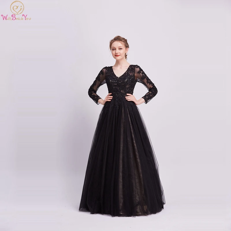 

Blak A -Line Luxury Lace Evening Dresses 2019 V-Neck Three Quarter Sleeves Formal Party Long Prom Gowns Appliques robe de soiree