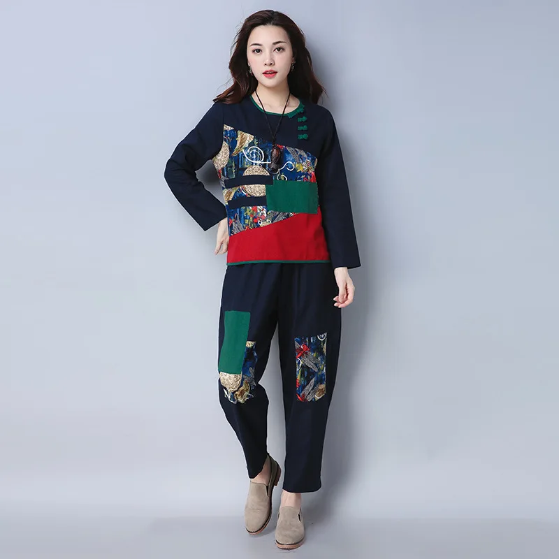 

2018 Autumn Clothing New Style Ethnic-Style Loose Cotton Linen Printed Long-sleeved T-shirt Joint Loose Pants Fashion Leisure Su