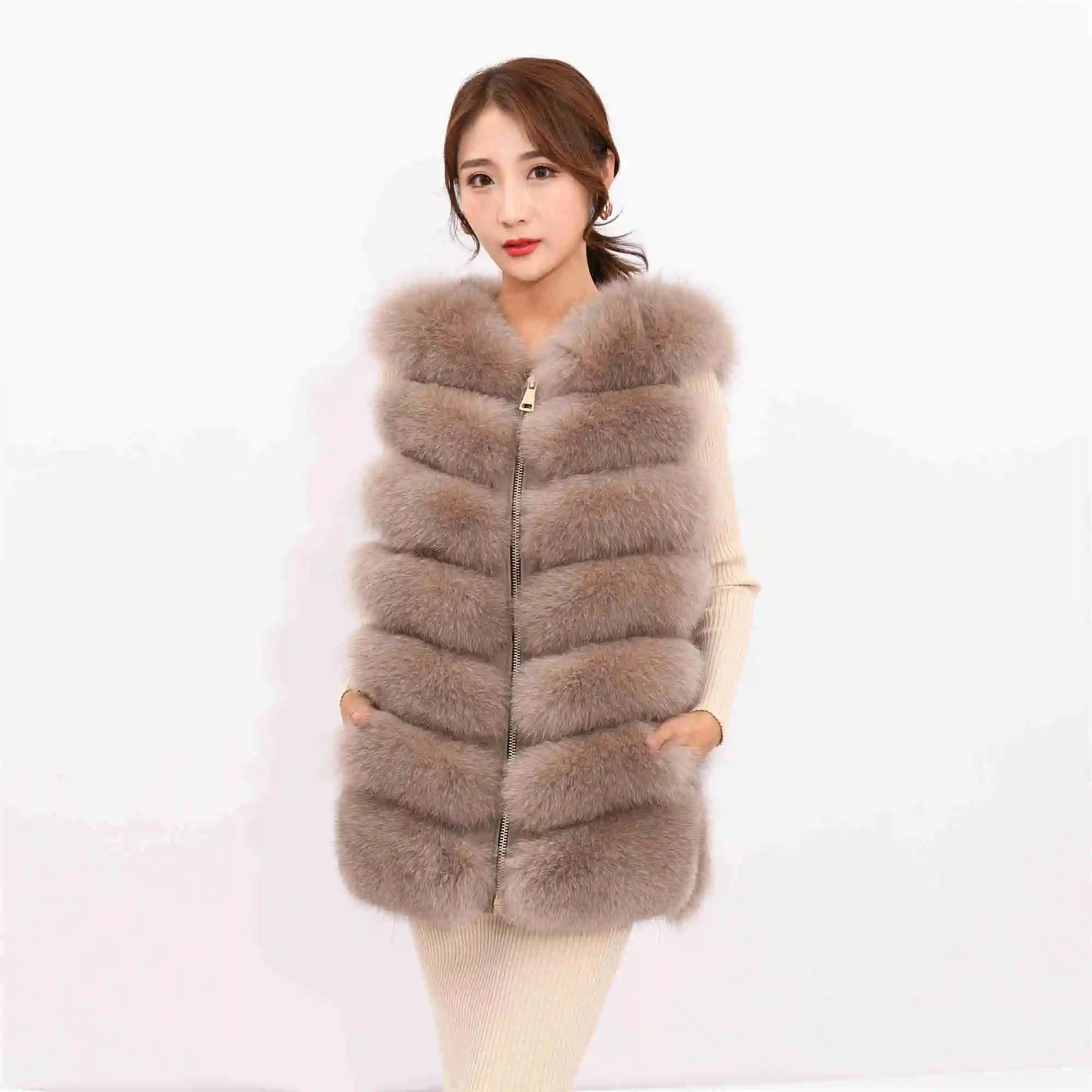 Khaki 68cm Новинка, жилет из натурального меха, шуба, модный жилет из лисьего меха, шуба высокого качества из натурального Лисьего меха, женская зимняя шуба из лисьего меха, жилет на молнии - Color: Khaki 68cm