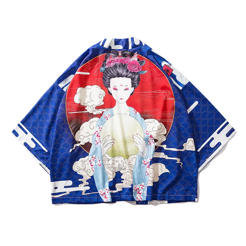 Китайские японские традиционные костюмы мужской кран печати белый солнцезащитный кардиган Haori пальто женское кимоно юката Ukiyo-e наряды - Цвет: style J
