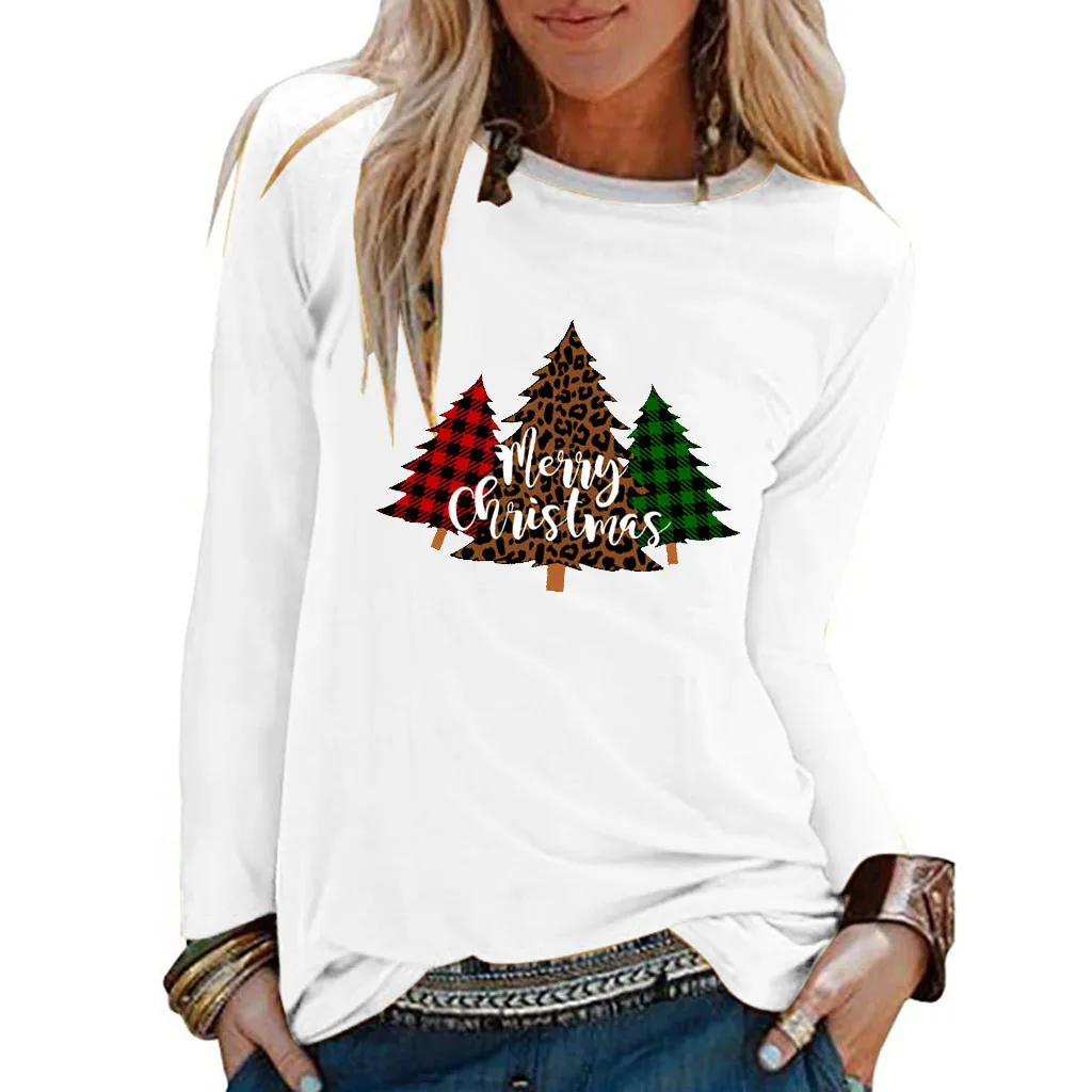 Женские футболки с принтом рождественской елки, топы, однотонный пуловер с принтом, топы, Рождественская одежда, повседневная футболка, топы, женские новые