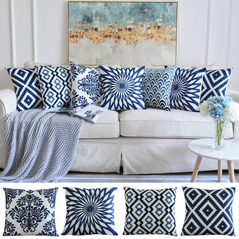 

Vintage Cushion Cover Home Embroidered Sofa Waist Pad Lover Square Pillow Case Blue Cushion Cover Decorative Pillowcases D30