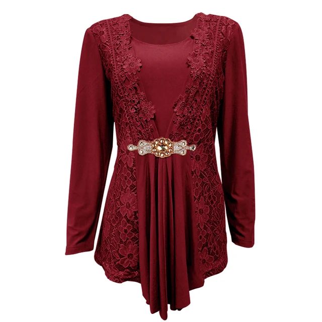 YTL Plus Size Women Blouse Elegant Diamond Lace Tunic Top Casual Vintage Tops Long Sleeve Shirt Red Black XXL XXXL 4XL 8XL H025 4