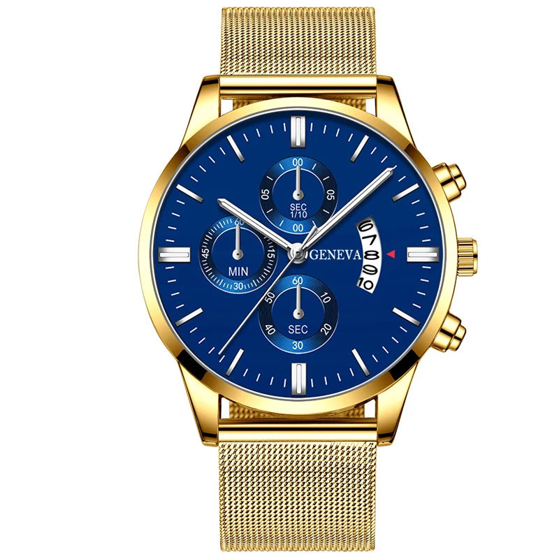 gold blue Montre Homme, классические синие мужские часы с сетчатым ремешком из нержавеющей стали, кварцевые часы с тонким ремешком, модные деловые аналоговые часы Uhren Herren - Цвет: gold blue