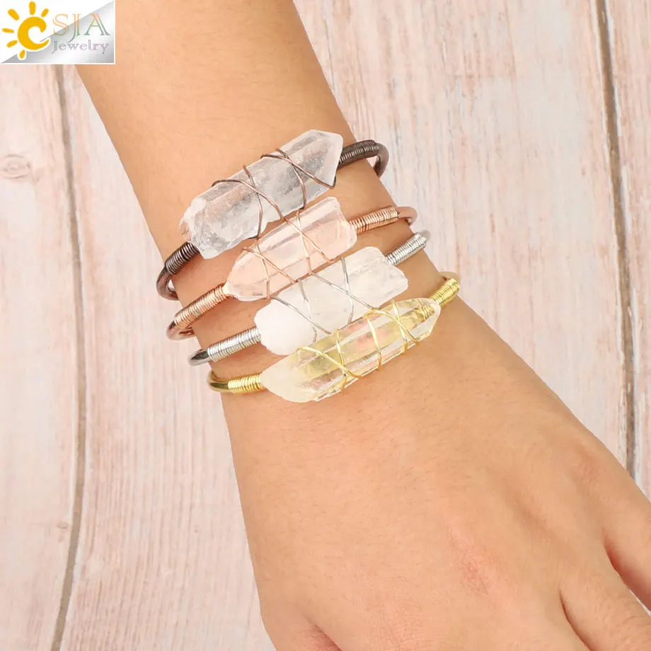

CSJA Natural Stone Clear Quartz Bangles Open Cuff Bracelet Wire Wrap Irregular Crystal Stones Copper Bangle Female Jewelry G168