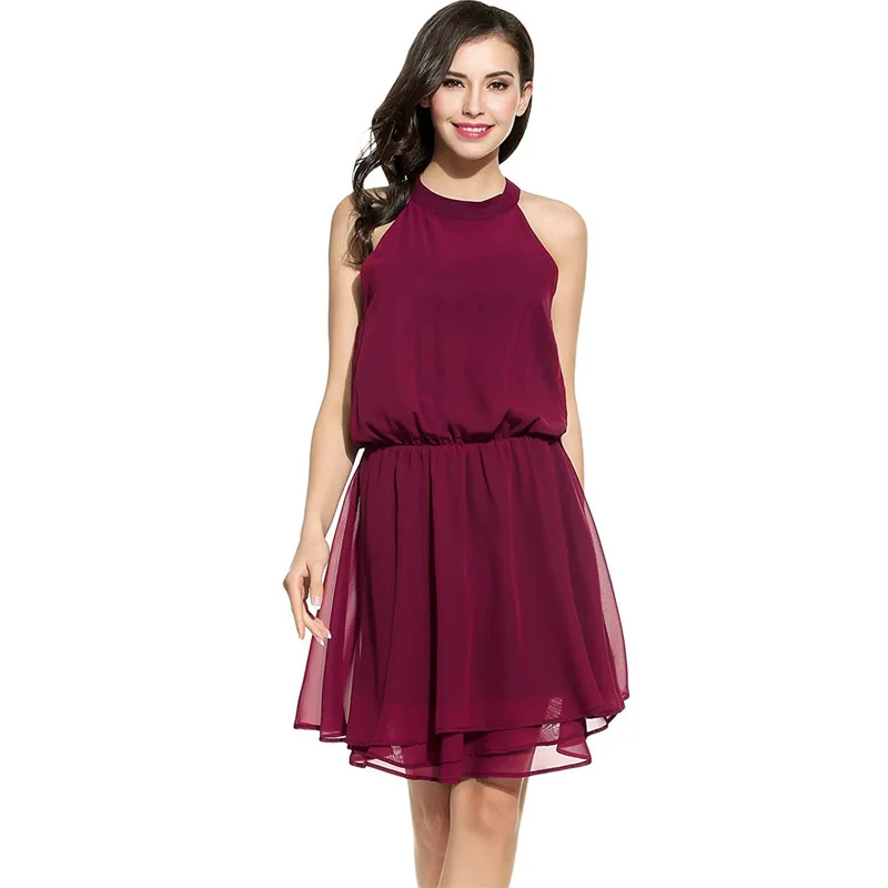 

European And American-Style New Style Waist Hugging Chiffon Tank Dress Women's off-Shoulder Flounced Dress
