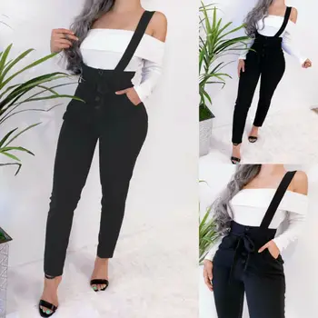 

Womens Fashion Black Suspender Trousers Overalls Autumn Slim Dungarees Ladies Cami Romper Ninth Pants Casual