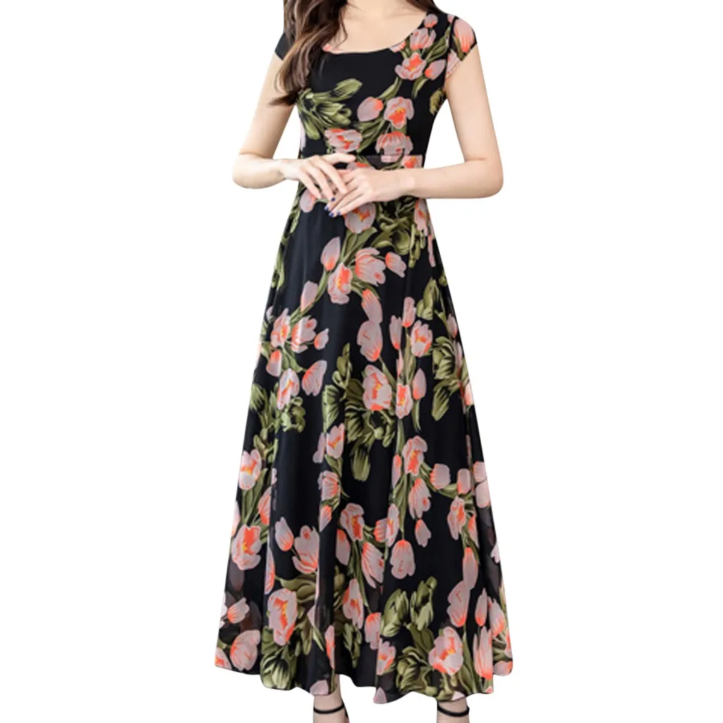 

Long Maxi Dress Women Vintage Summer Short Sleeve Dress 2019 Casual Beach Elegant Floral Print Plus Size Women Dress Vestidos