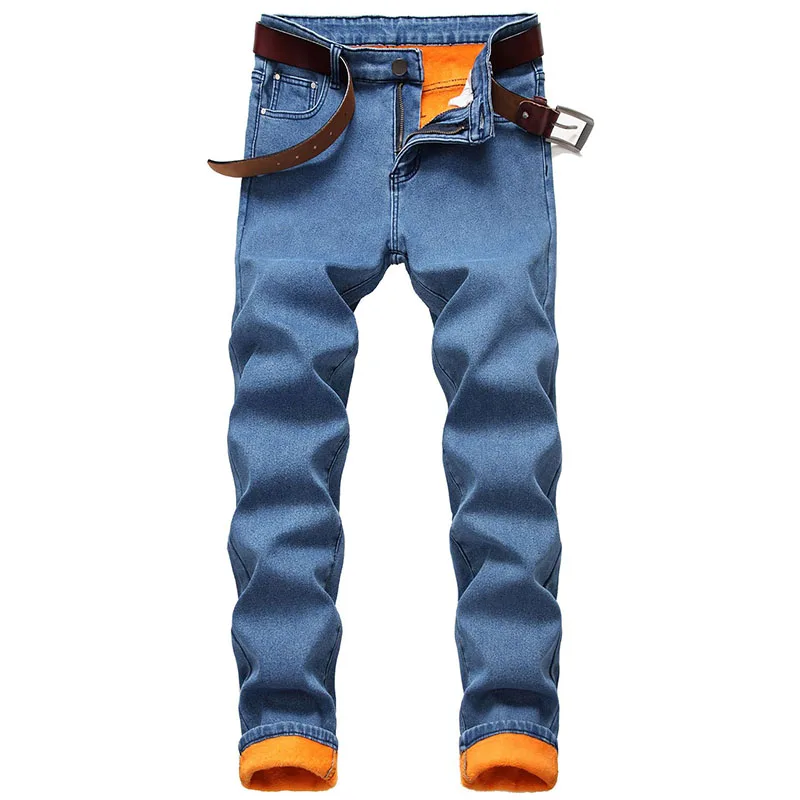 Men's Solid Color Casual Denim Trousers Slim Fit Fleece Lined Warm Jeans Pants For Male Size 30-42 (1)