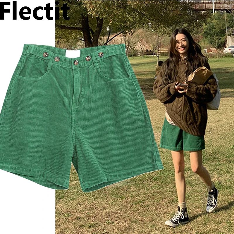 Flectit Bermuda Shorts Women High Waist Wide Leg Oversized Shorts Corduroy Student Girl Casual Outfits 1