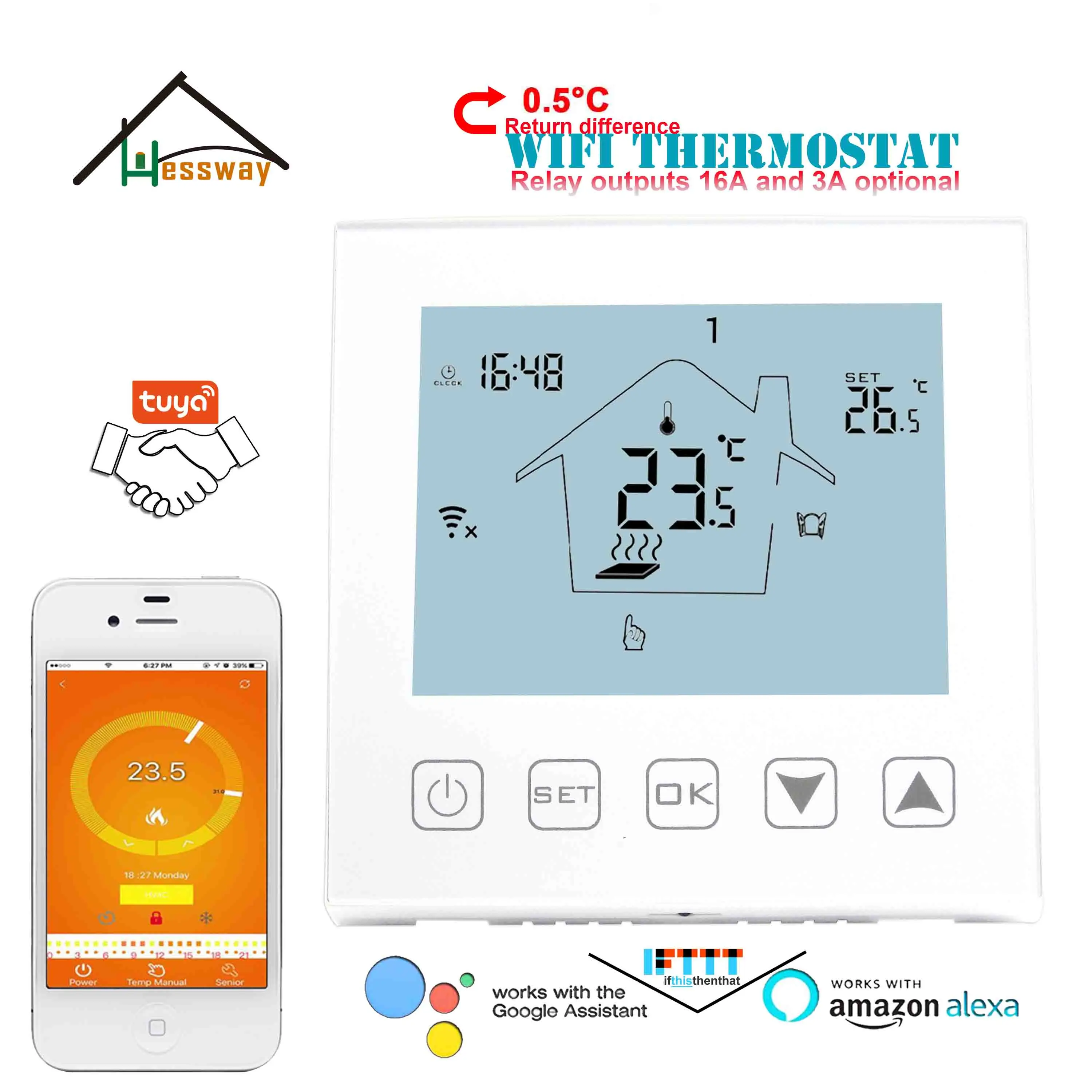 

HESSWAY Radiant Floor Heating TUYA WIFI THERMOSTAT for 3A/16A Relay switch