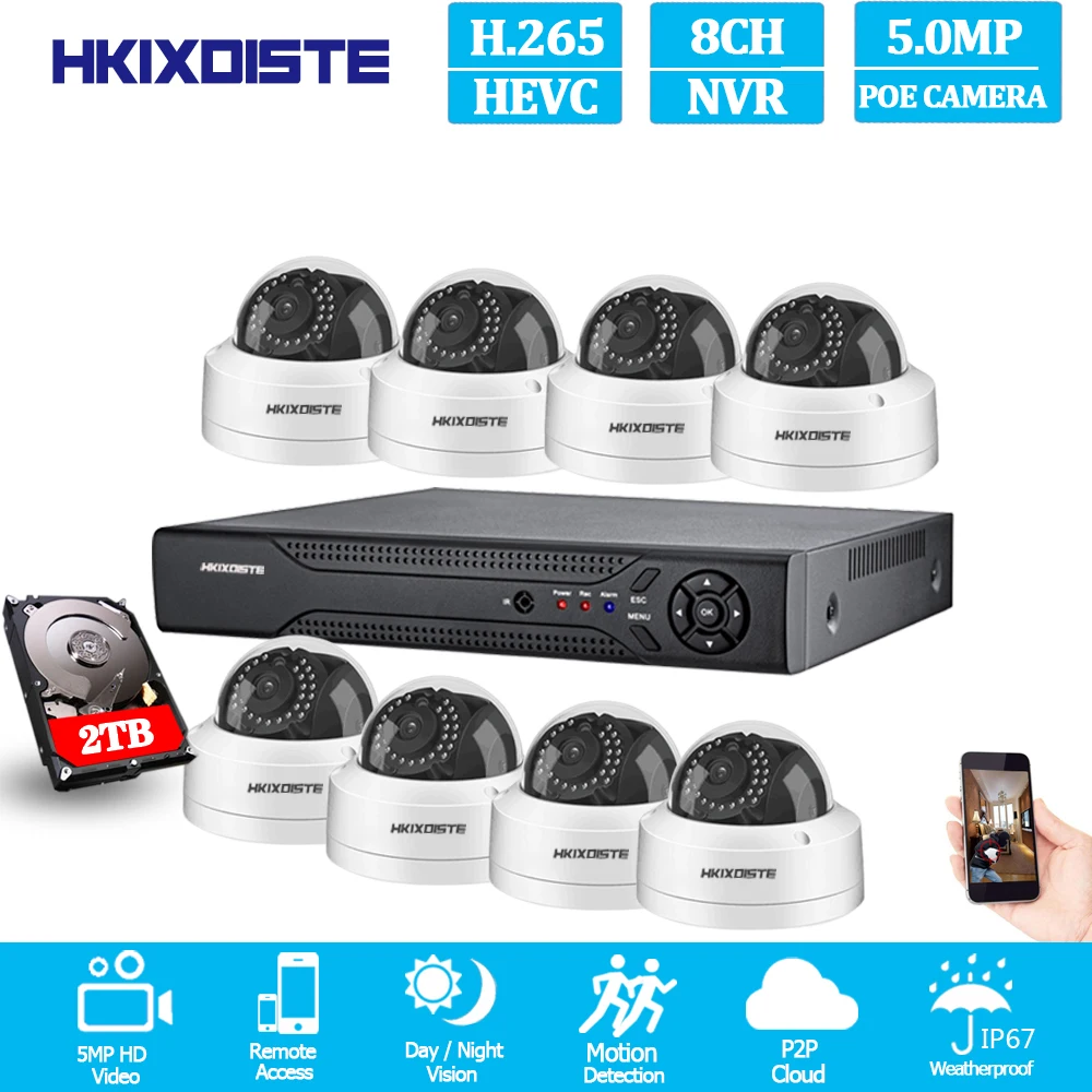 H.265 5MP POE NVR аудио в системе 8 шт. 48 супер 2592X1944 Купольные Камеры видеонаблюдения