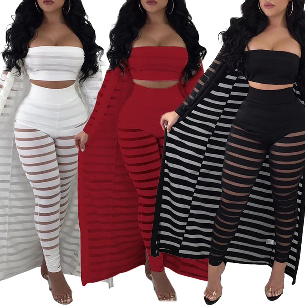 Women Sheer Mesh 3 Piece Outfit Tube Crop Top Long Cloak Cardigan Bodycon Pants Jumpsuits Set Women Sheer Mesh 3 Piece Outfit Tube Crop Top Long Cloak Cardigan Bodycon Pants Jumpsuits Set